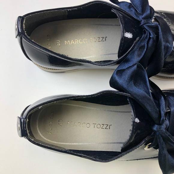 Marco Tozzi navy patent French blue Derby tie up womens shoe Size 40 ribbon lace - Picture 3 of 13